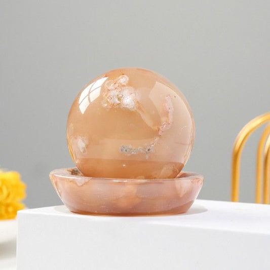 Natural Agate Gemstone Cherry Blossom Sphere with Display Bowl