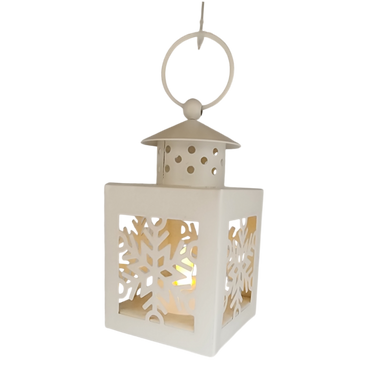 B/O Lighted Metal Holiday Lantern with LED Tealight - White