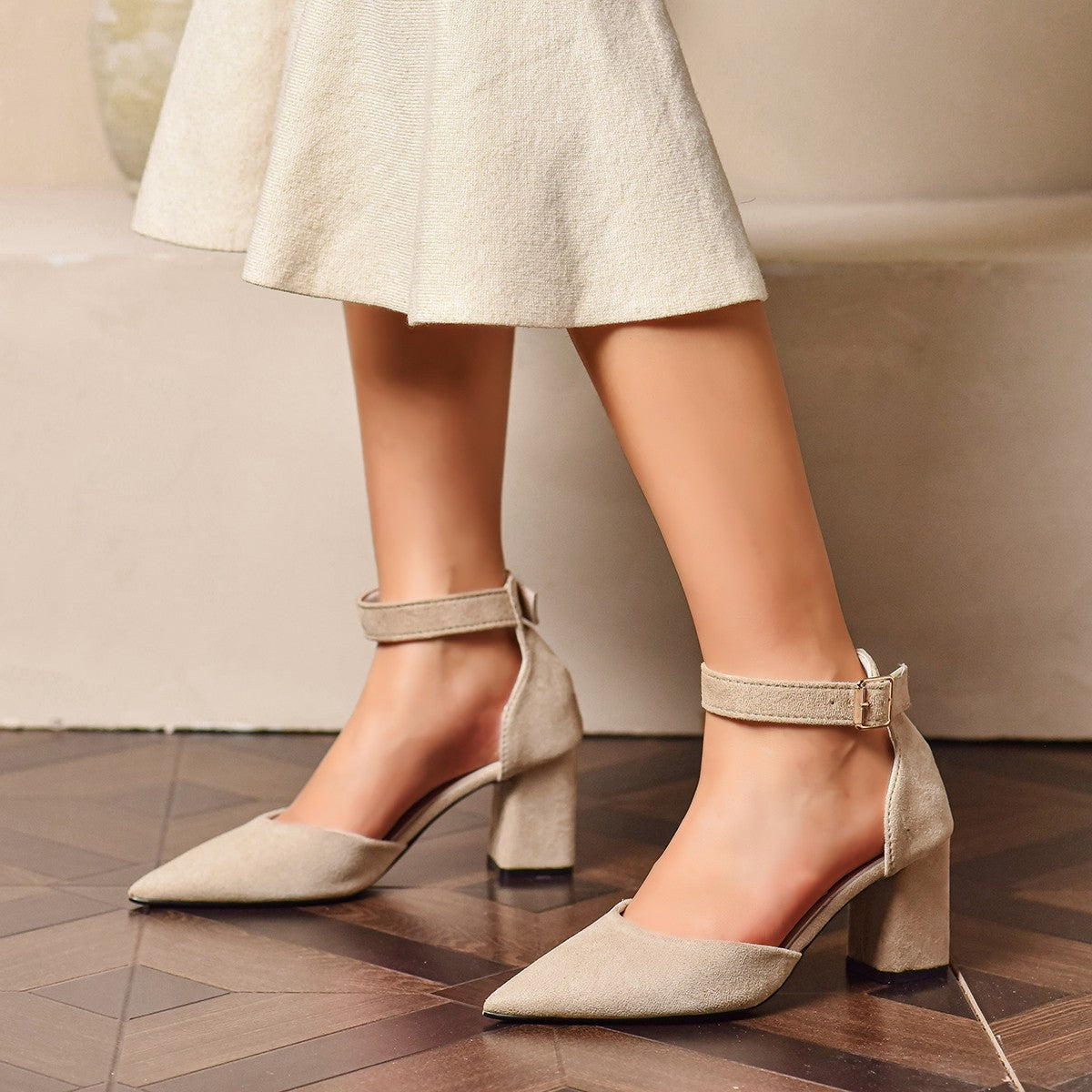 Pointed-toe Ankle-strap Hollowed-out Chunky-heel Sandals