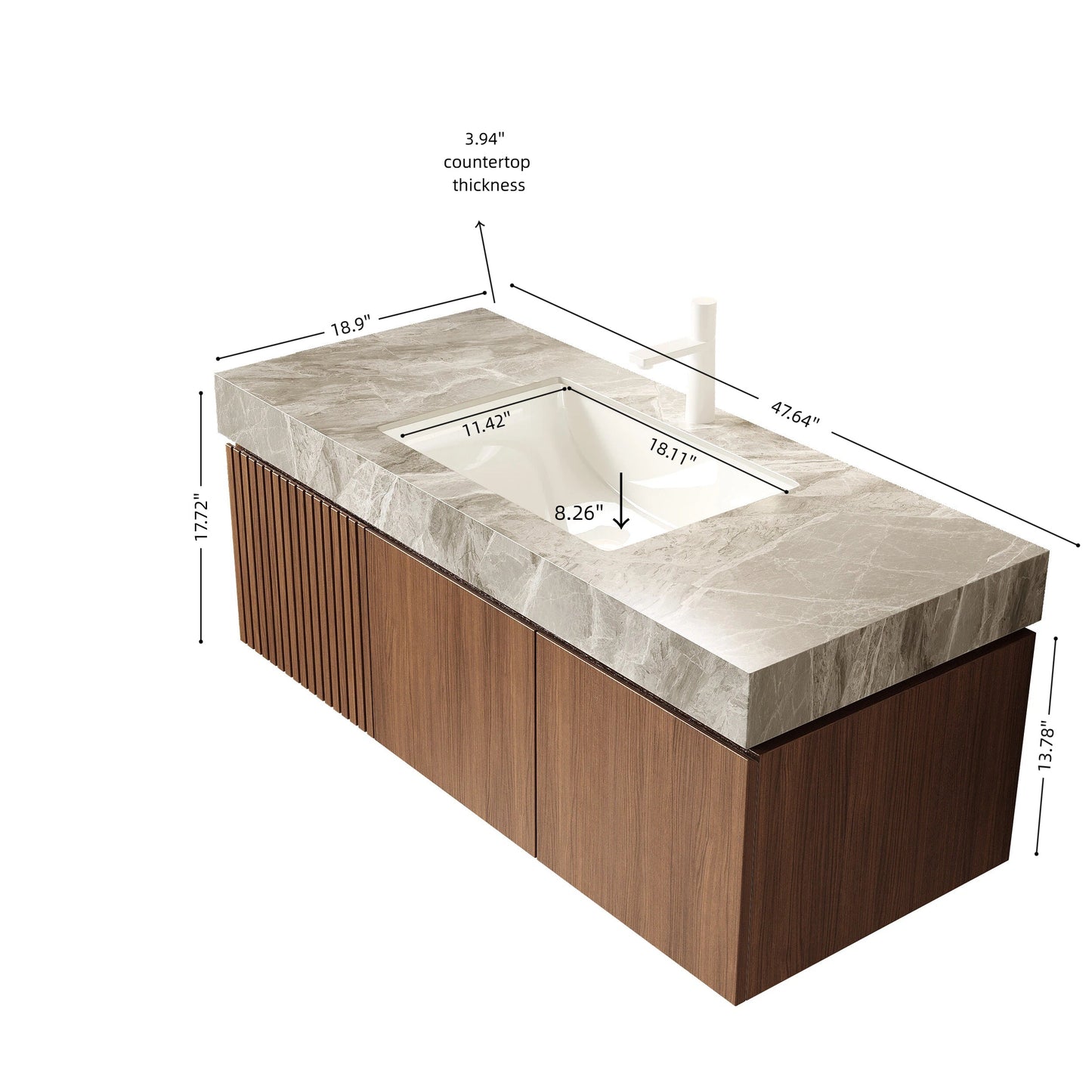 48' Bathroom Vanity with Sink, Floating Plywood Cabinet Light Gray Sintered Stone Top