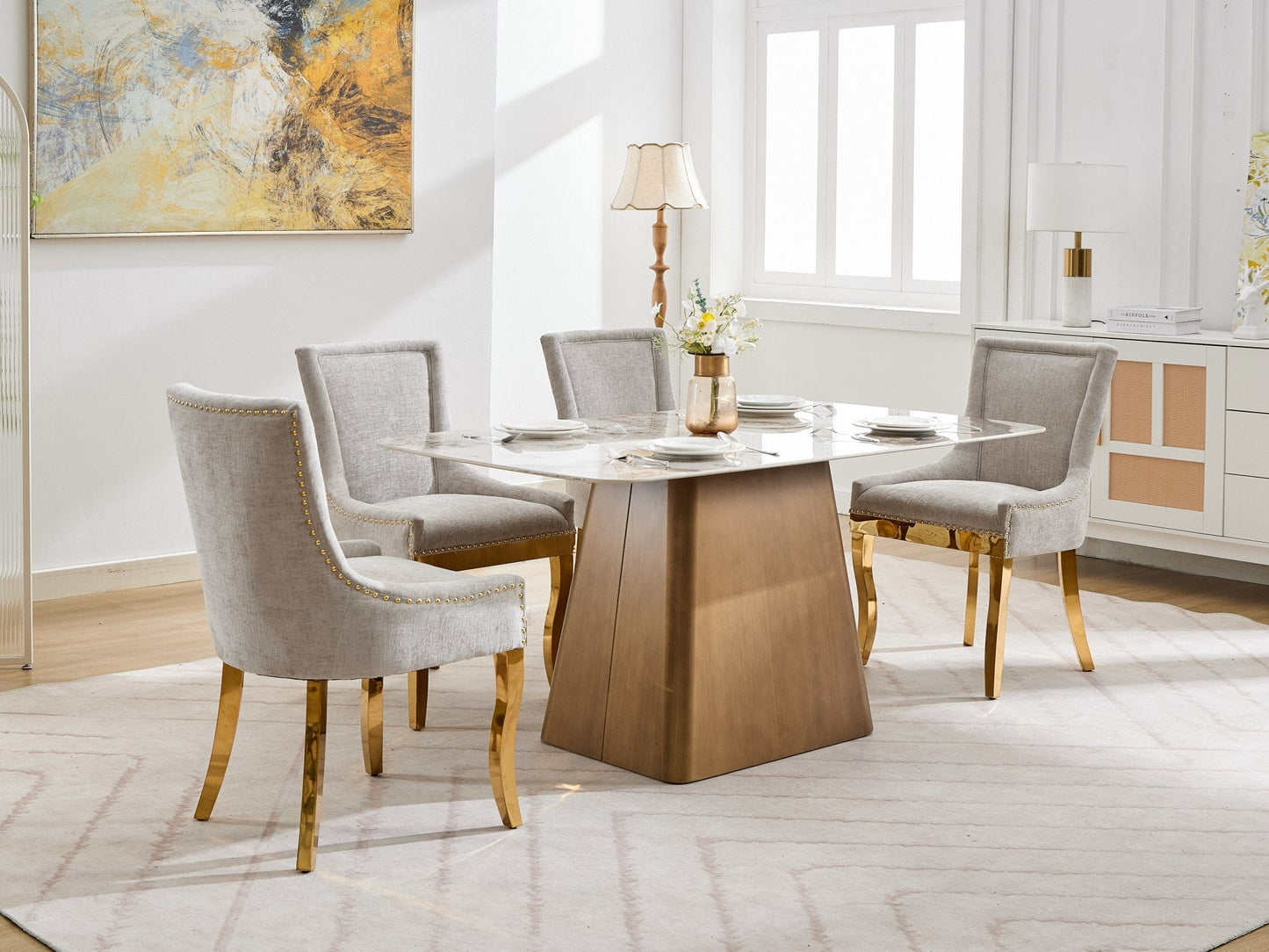 Chenille Dining Chairs, Modern Style with Curved Gold - Plated Legs & Rivet