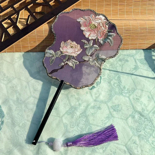 Ancient Style Fan Chinese Style Hanfu Dance Shooting Long Handled Embroidered Classical Double Sided Fan Female Decorative Fan
