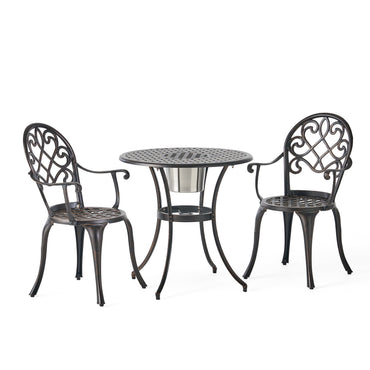 Outdoor Bistro Set Cast Aluminum Copper 3 Piece Ice Bucket Table 2 Chairs
