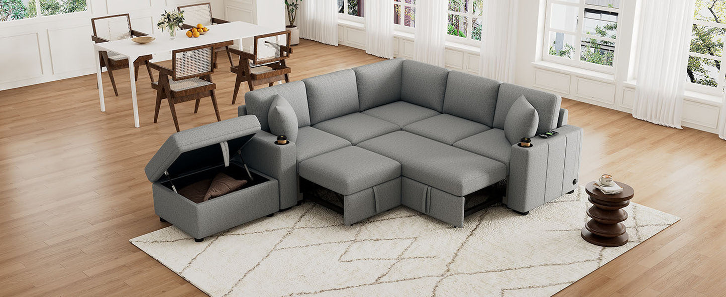 84" Sectional Sofa Convertible Pull-Out USB Gray