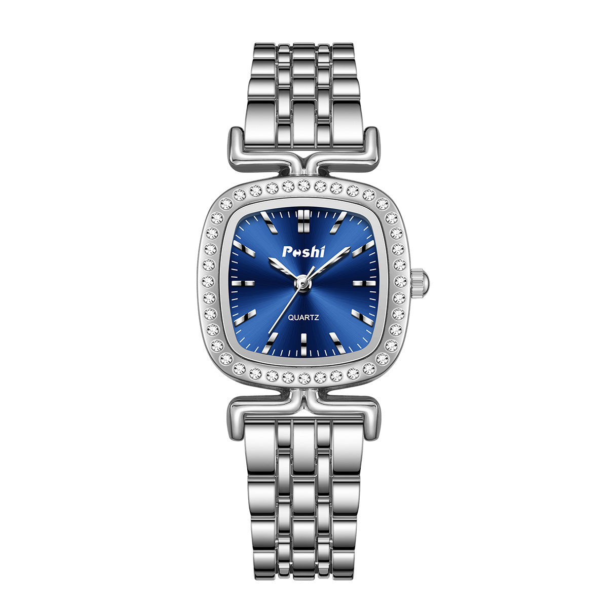 Diamond-encrusted Dial Oval-shaped Steel Bracelet Quartz Womens Watch
