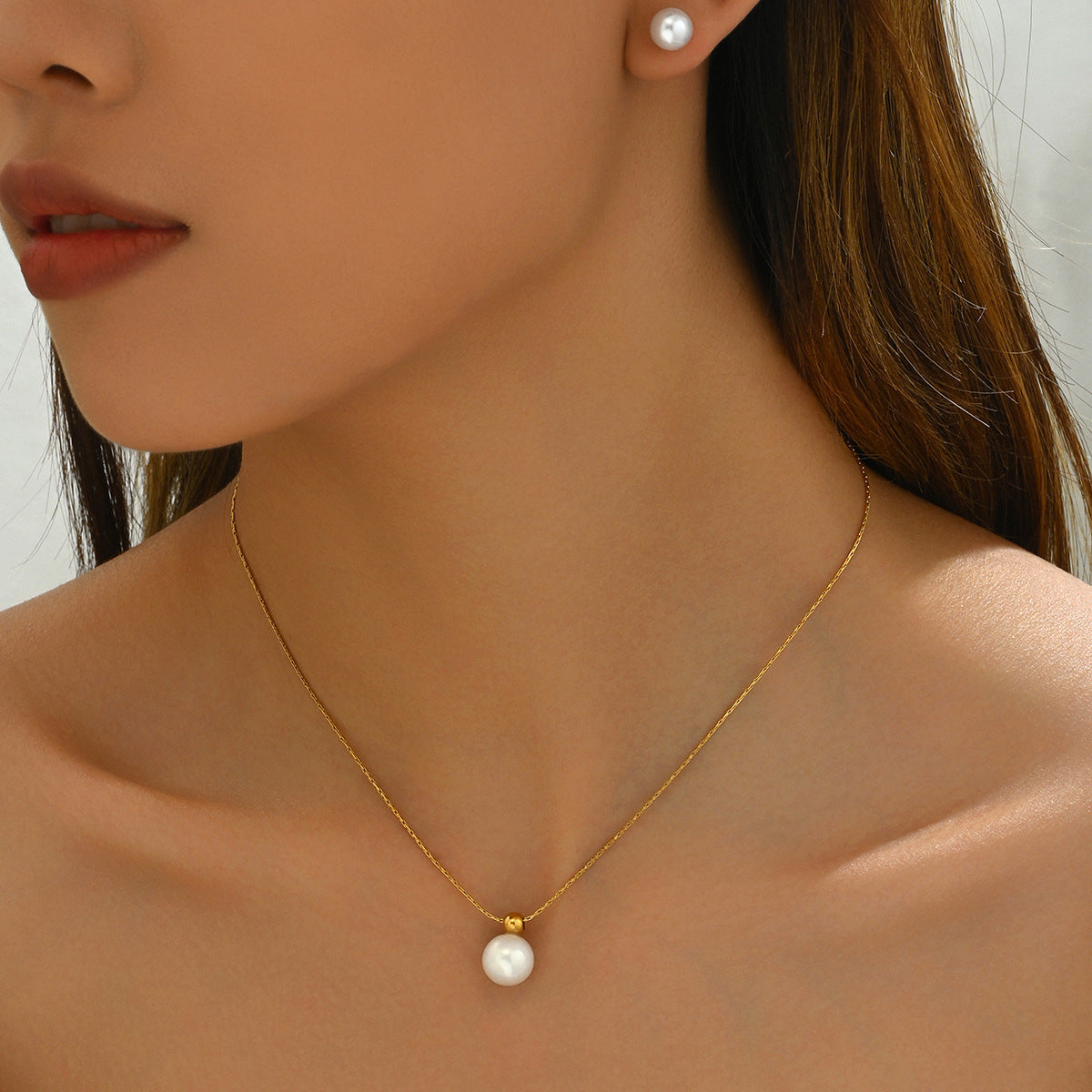 Minimalist Japanese Korean Style Geometric Pearl Jewelry Set, Niche Inlaid Craft Design Necklace & Sweet Versatile Earrings For Women