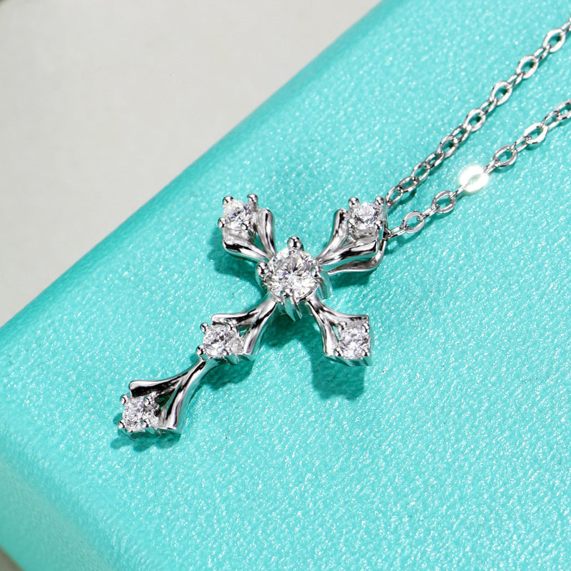 S925 Sterling Silver Moissanite Cross Necklace, 3.5mm D-VVS1 Pendant, Platinum Plated 40&45cm Chain, 1.7g GRA Certificate Gift Box