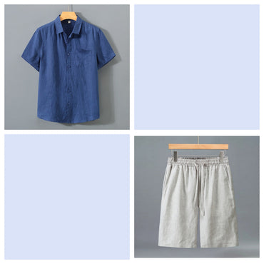 Men's Pure Linen Shorts and Short Sleeve Shirt Set - Summer Loose Casual Lightweight Outfit