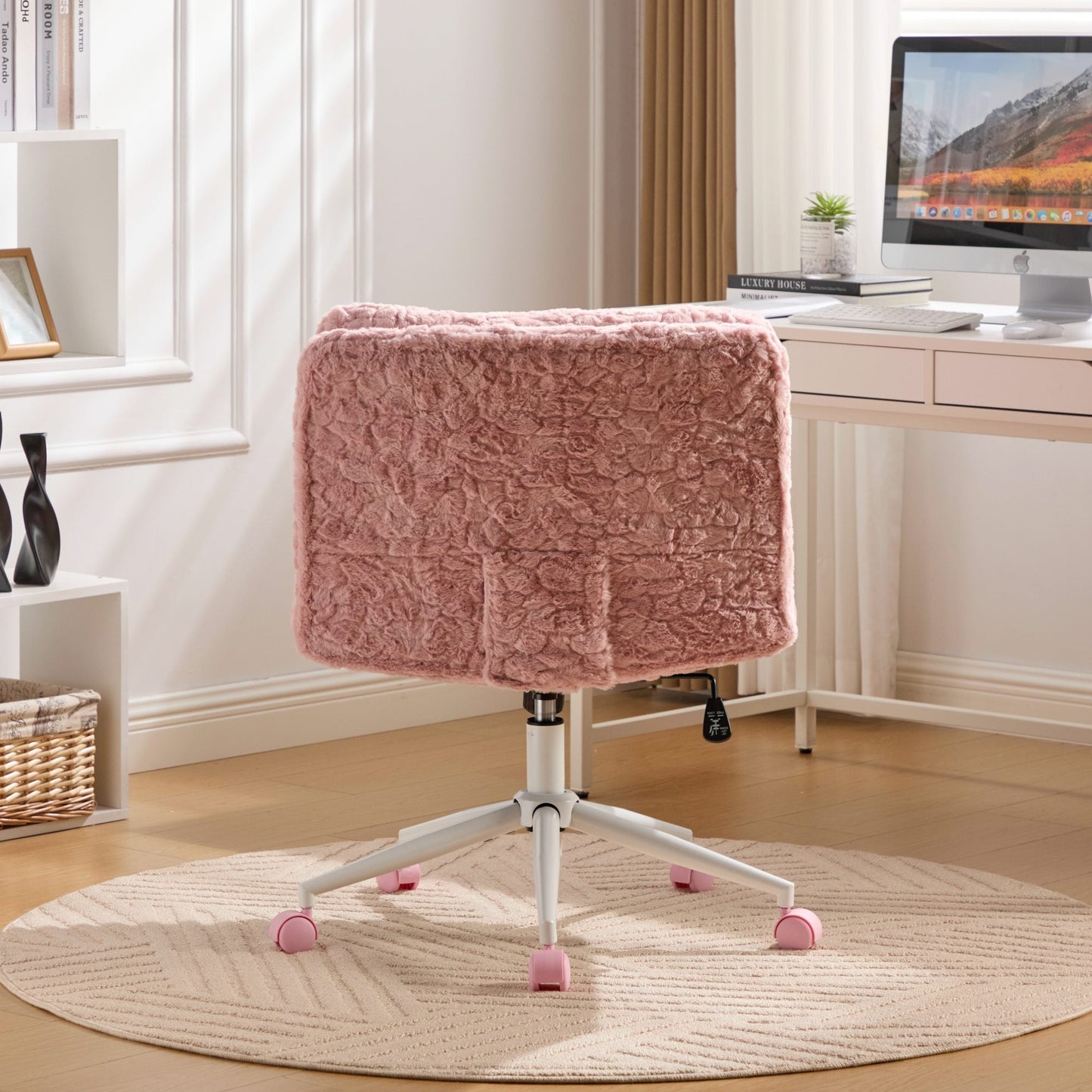 Swivel Chair Faux Alpaca Pink Wide 26.4 In Seat 360 Degree Height Adjust