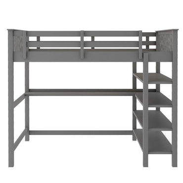 Full Size Loft Bed with Under-bed Desk and Storage Shelves