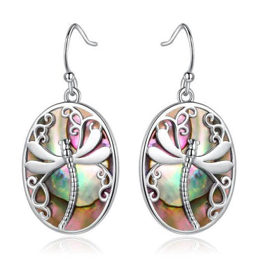 Genuine Blue Abalone Pearl Dragonfly Hook Drop Earrings