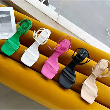 Green Minimalist Square Toe Block Heel Sandals