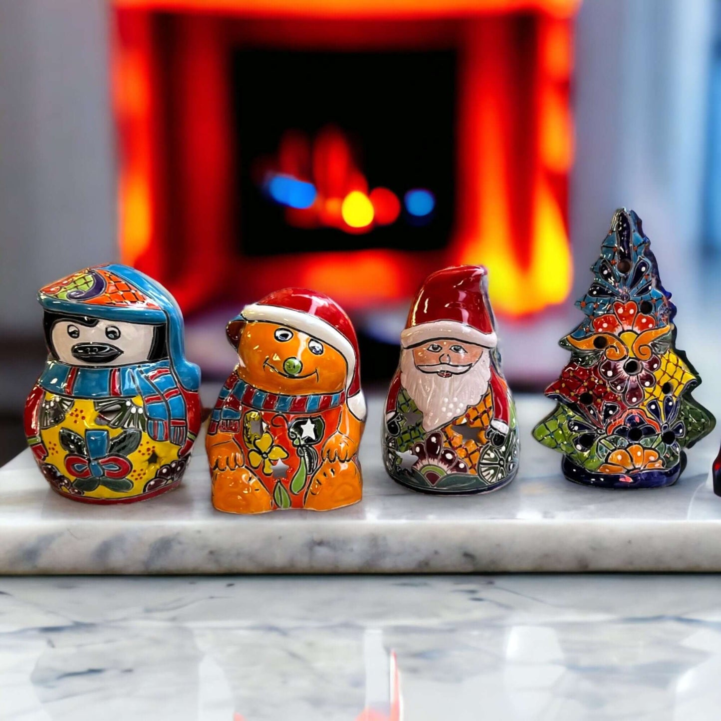 Hand-Painted Talavera Teddy Bear Statue | Festive Christmas Decor
