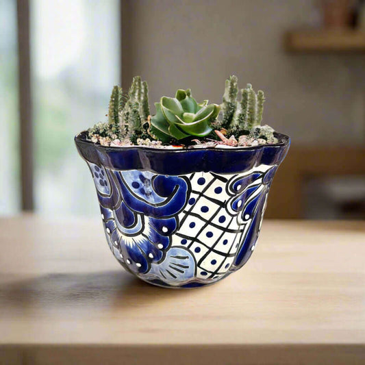 Talavera Flower Pot | Handmade Blue & White Mexican Ceramic