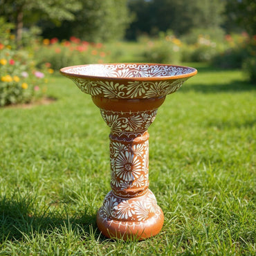 Brown & White Talavera Bird Bath | Handmade Garden Accent