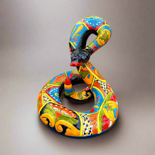 Talavera Snake Statue | Multicolor Handmade Mexican Rattlesnake