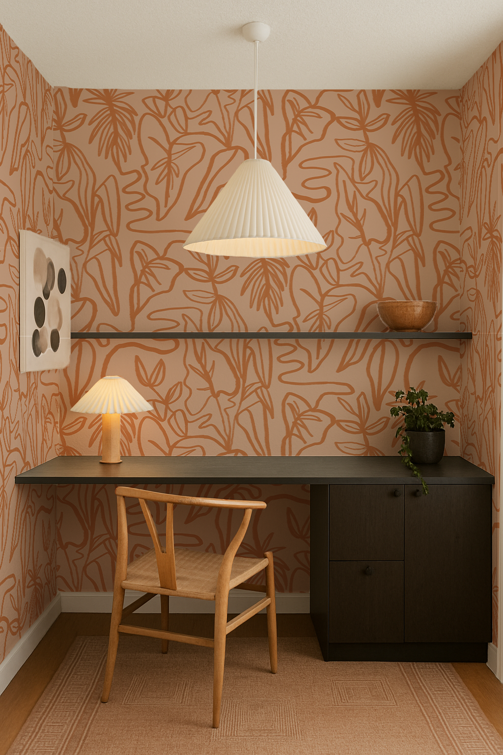 Inked Foliage Wallpaper, peach and orange