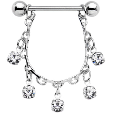 14G 5/8 Clear Gem Chain Drop Dangle Nipple Ring Set