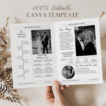 Folded Printable Wedding Newspaper Program Canva Template, Newlywed Times Newspaper Wedding Program, Infographic Ceremony Newspaper Schedule