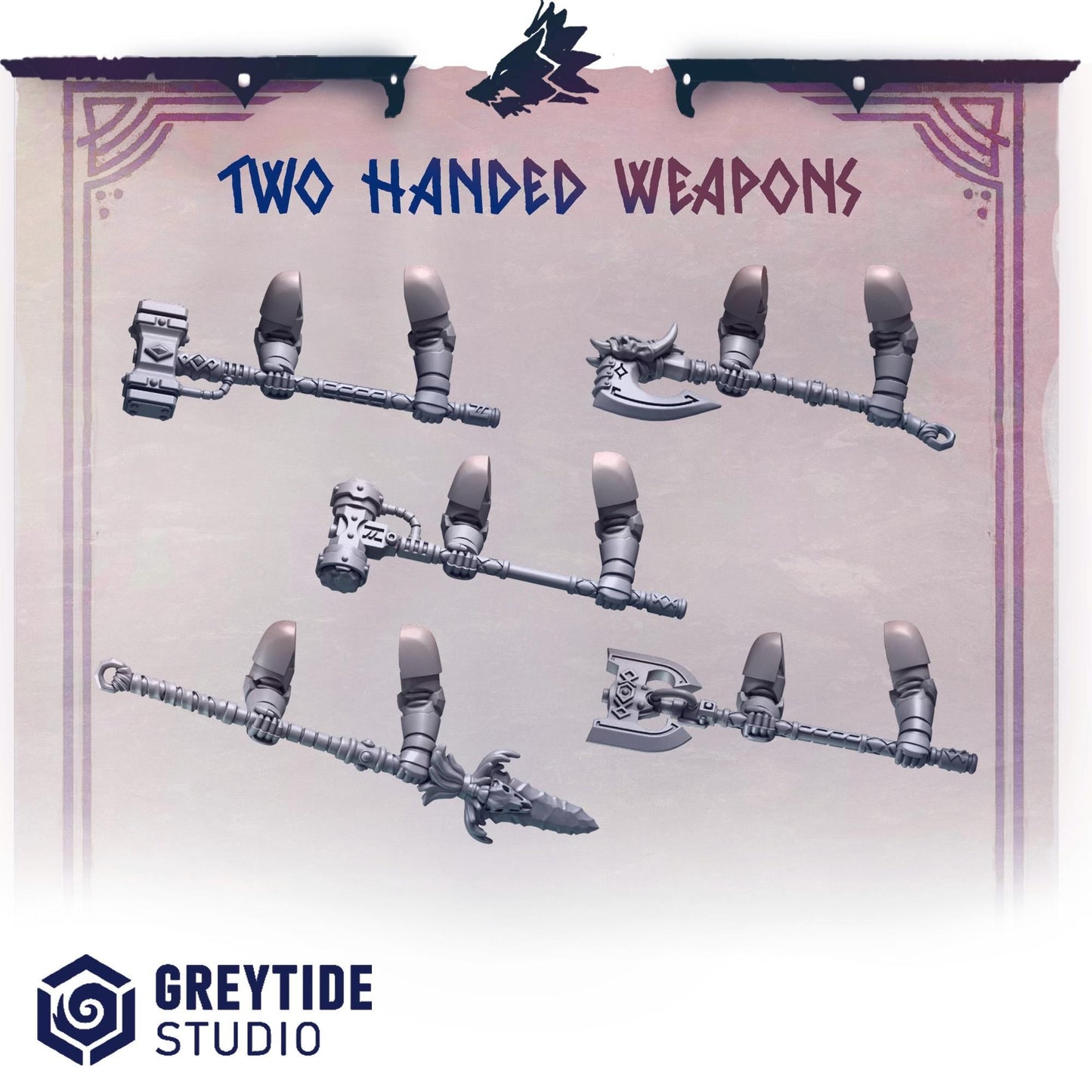 3d Printed Primal Hounds Two-Handed Weapons Set by Greytide Studio