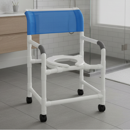 MJM International 122-3TW Wide Shower Chair 22" Internal Width, Open Front Seat, 3" Twin Casters, 375 Lbs Weight Capacity