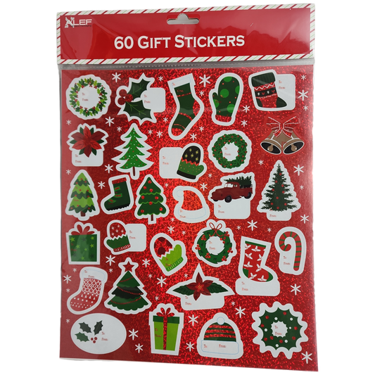60 Count Peel and Stick Gift Tags - Wreath / Holly / Stocking