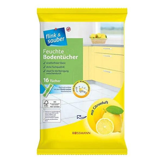 Flink & Sauber Wet Wipes for Floor Cleaning - Citrus Scented, 16 Count - Convenient Floor Cleaning Solution