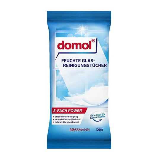 Domol Wet Wipes for Glass and Shiny Surfaces - 20 Count - Dermatologically Tested, Streak-Free Cleaning