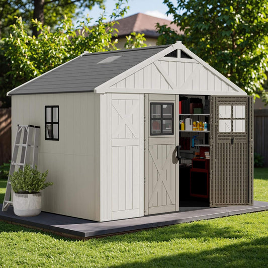 Alora Large Resin Outdoor Storage Shed With Floor, Windows, And Lockable Door (SAK98421)