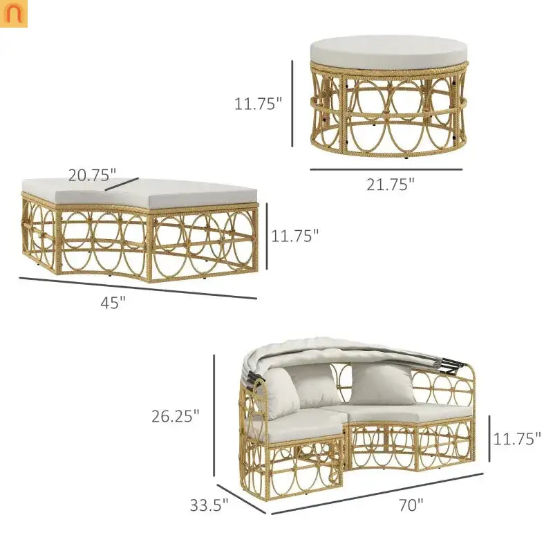 Outdoor Daybed Set PE Rattan Canopy 4 Piece Cream