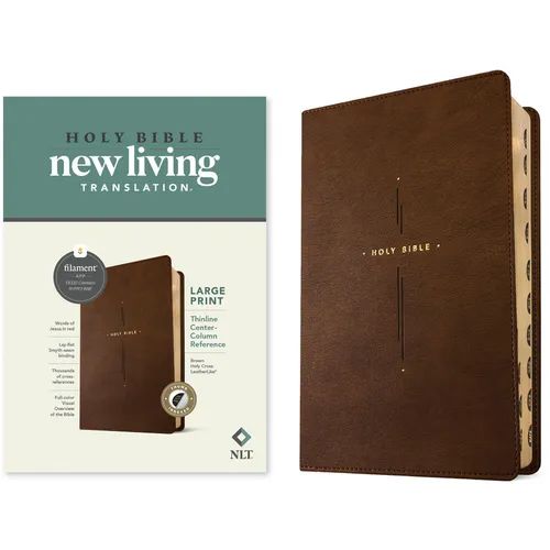 NLT Large Print Thinline Center-Column Reference Bible, Filament Enabled (Leatherlike, Brown Holy Cross, Indexed, Red Letter) - Imitation Leather