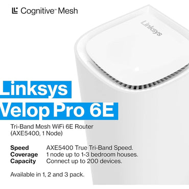 Linksys Velop Pro WiFi 6E Mesh System - Cognitive Mesh Router with 6 Ghz Band Access & 5.4 (AXE5400) Gbps True Gigabit Speed (Refurbished)