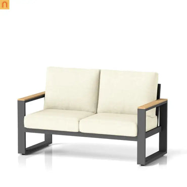 Outdoor Loveseat Aluminum Black Beige Cushion 52in 2 Seat U Leg Design