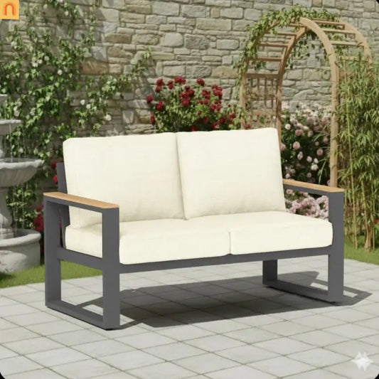 Outdoor Loveseat Aluminum Black Beige Cushion 52in 2 Seat U Leg Design