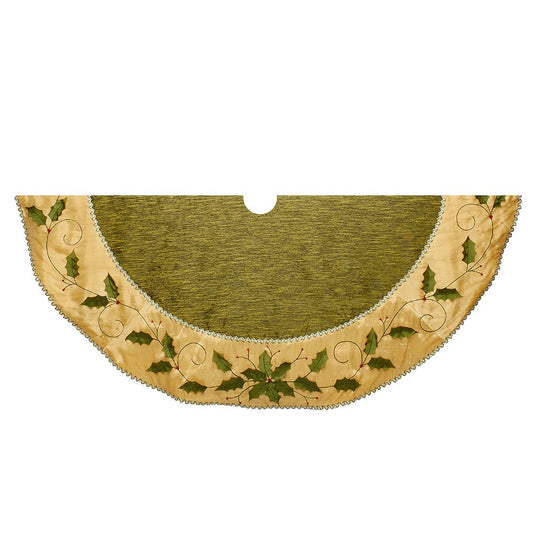 54" Green and Gold With Holly Leaves Embroidered Tree Skirt