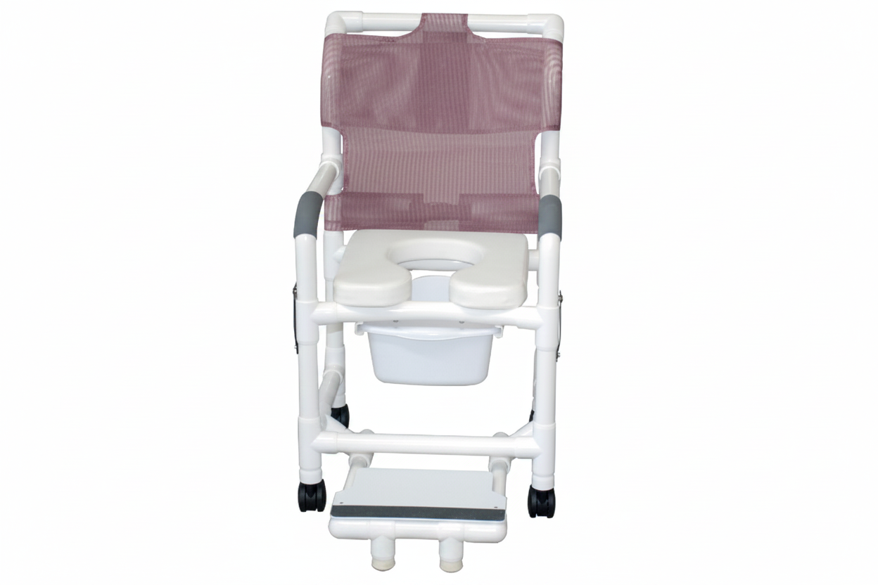MJM International 118-3TW-DDA-SF-SQ-PAIL Shower chair 18" internal width, open front seat, 3" twin casters, with double drop arms, slide out footrest and 10 qt slide out square commode pail, 300 lbs weight capacity