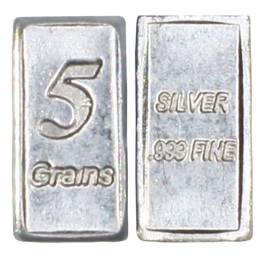 Set of 5 Pure Solid Silver Bars – .999 Fine, 5 Grain Each, Over 1 Gram Total