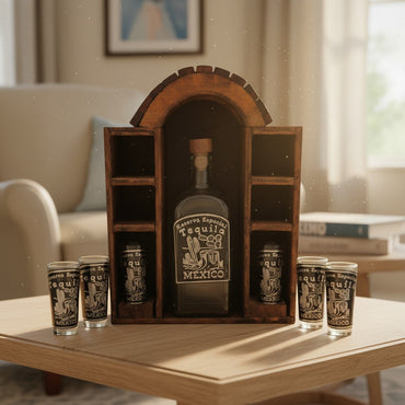 Mexican Tequila Decanter Set | 6 Shot Glasses & Wooden Display