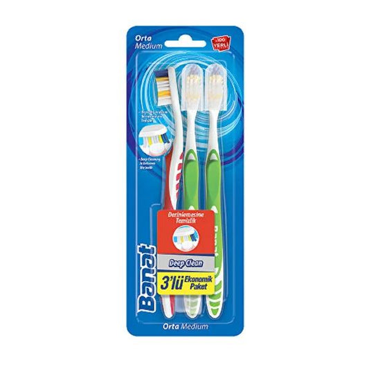 Banat Manual Toothbrush Deep Clean 3-Pack - Ergonomic Handle, Protective Cap - Effective Oral Hygiene