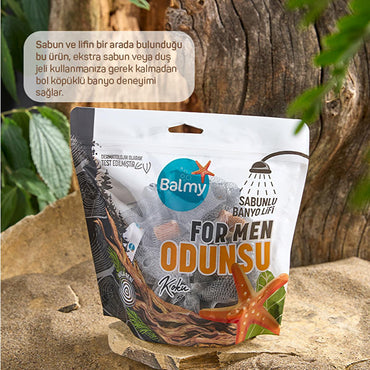Balmy: All-In-One Woody Scented Soap Infused Bath Sponge for Men - Exfoliating, Convenient, Travel-Friendly Body Scrubber
