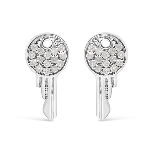 Natural Diamond Key Motif Charm Stud Earrings in Sterling Silver – 1/6 Cttw