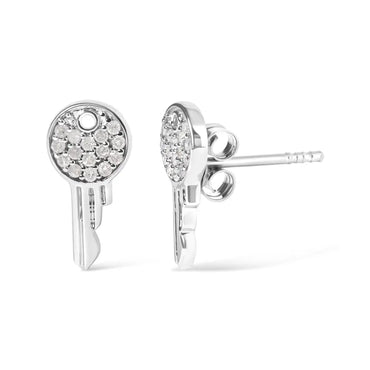 Natural Diamond Key Motif Charm Stud Earrings in Sterling Silver – 1/6 Cttw