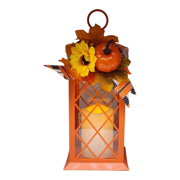 Harvest Lantern with Flickering LED Candle - Orange