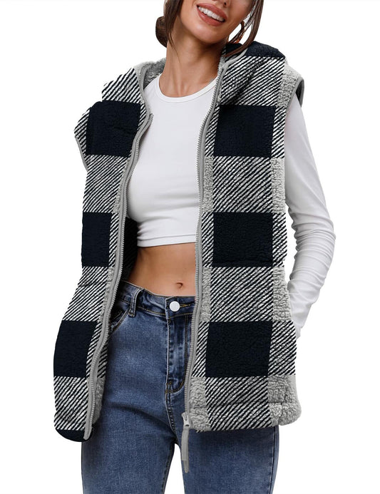 TFSDOD Womens Fuzzy Sherpa Fleece Vest Cozy Sleeveless Sweater Plaid- Size M
