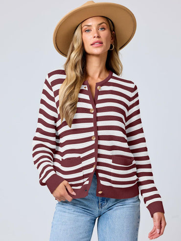 ANRABESS Women's Tweed Knit Cardigan White Red Stripe Size Small