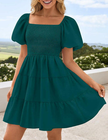 ZESICA Women's Boho Puff Sleeve Smocked Mini Dress Teal Size Small 2025