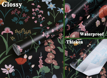 Dimoon 236x16.1 Floral Peel and Stick Wallpaper Black Green Waterproof
