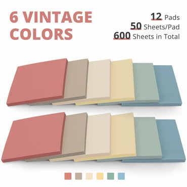 Sticky Notes 3x3 Inch 12 Pads Vintage Colors Easy to Stick School Office Home