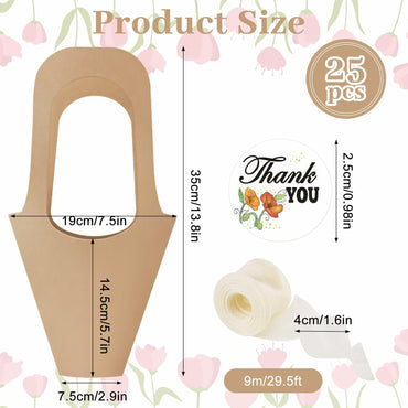 DIBALIYI 25 Pcs Kraft Paper Flower Gift Bags with Handle Brown Floral