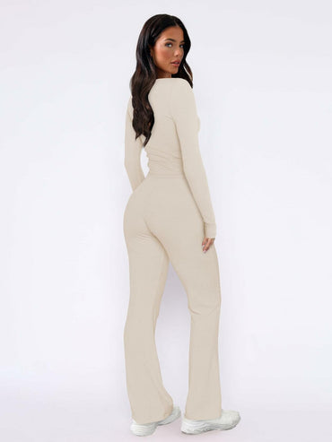 ECHOINE Women's Lounge Set LongSleeve Crop Top Straight Leg Pants Apricot Size L